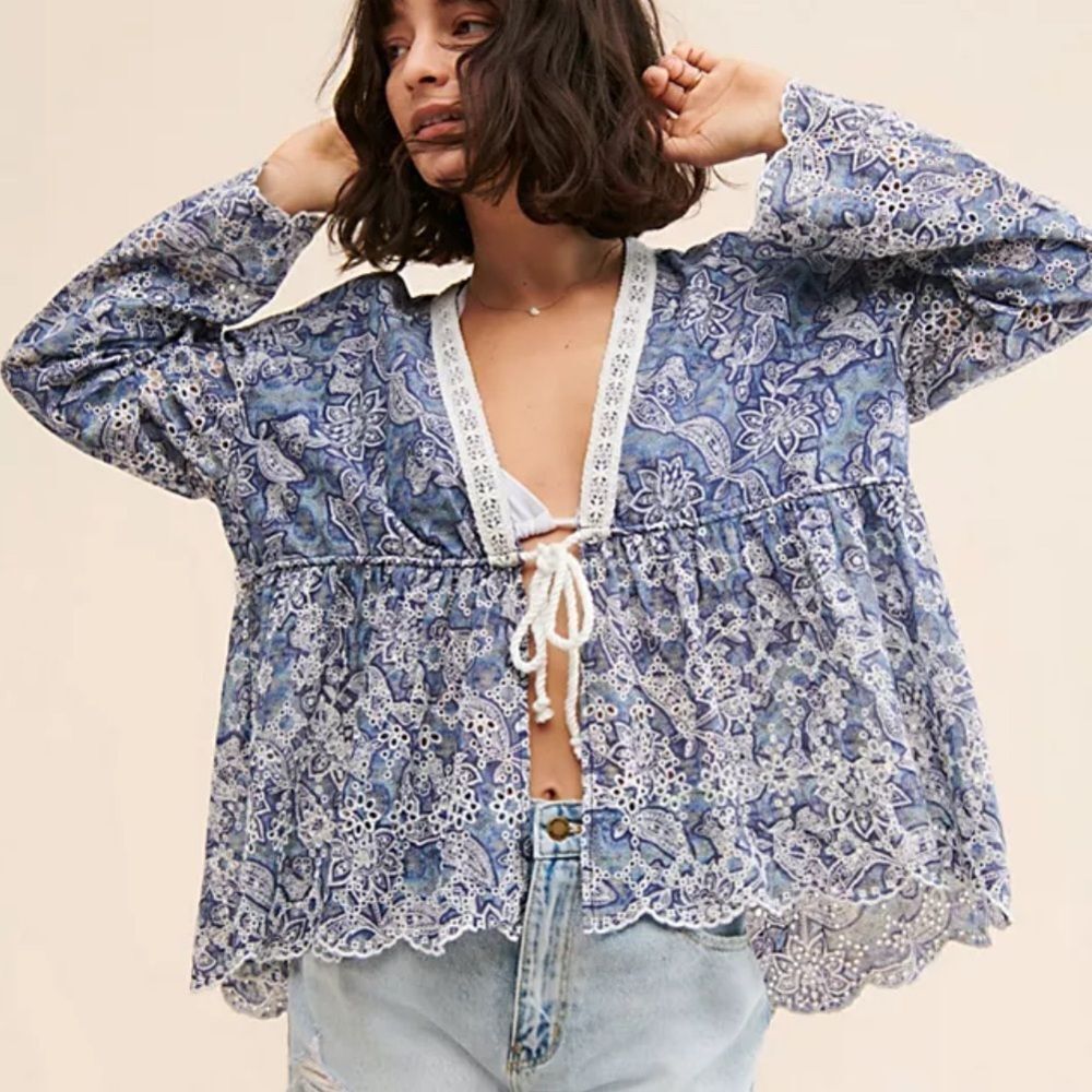 Free People Anissa Eyelete Boho Bed Jacket XS